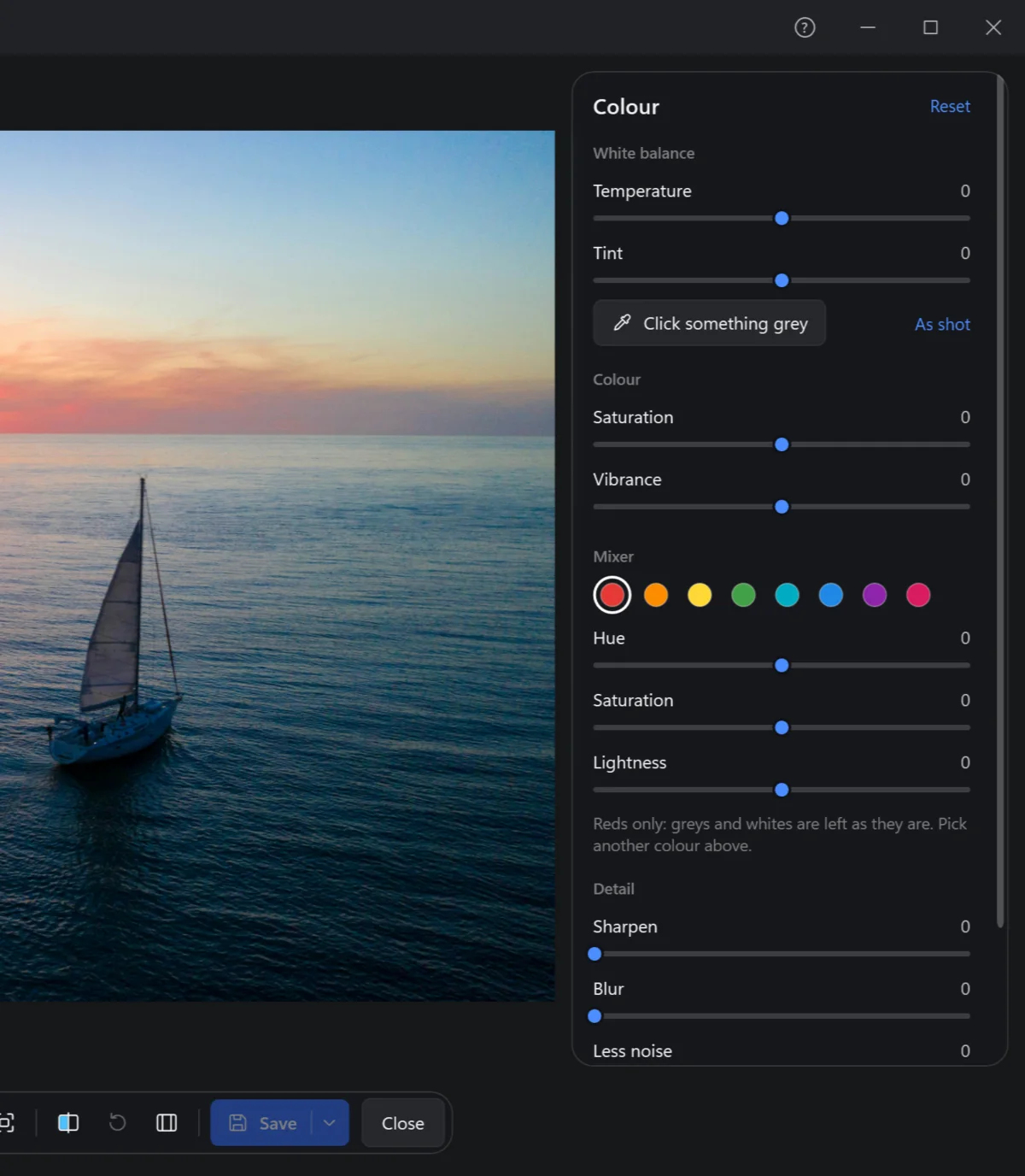 The Colour panel: white balance, saturation and vibrance, the mixer with its eight colours, detail