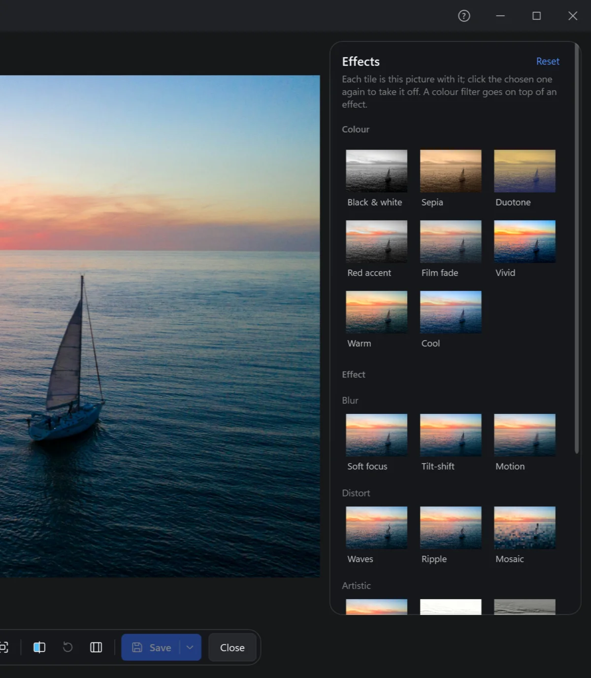 The Effects panel: each filter and effect as a tile of this photo