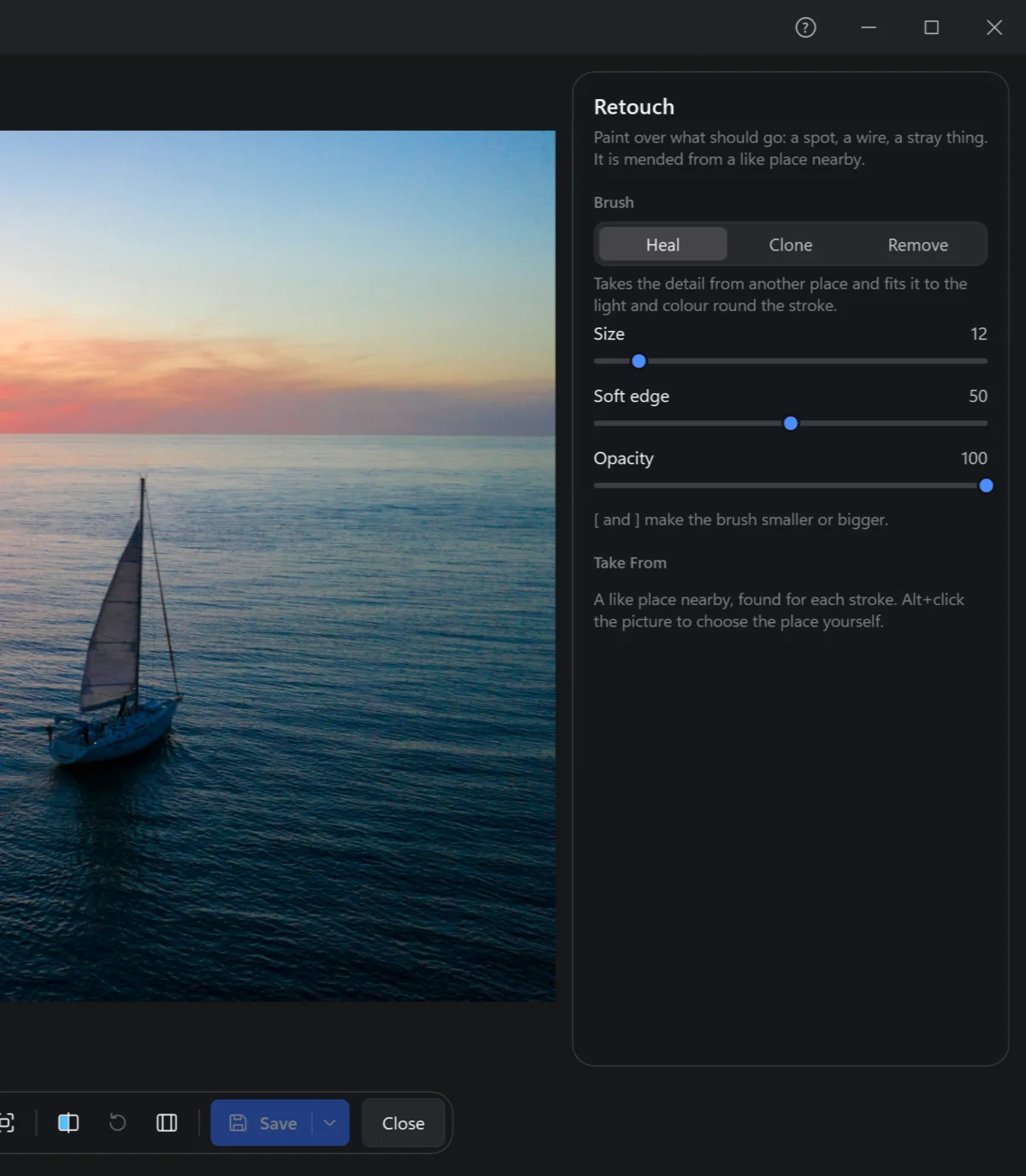 The Retouch panel: Remove, Heal or Clone, the brush's size, soft edge and opacity, where it takes from