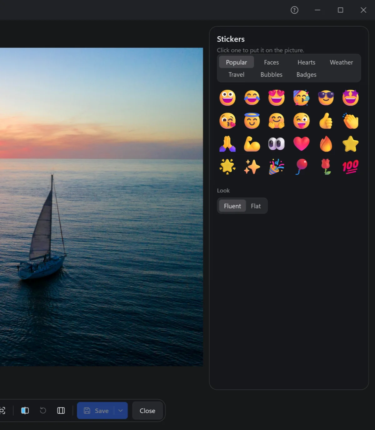 The Stickers panel: emoji in sets, Fluent or flat