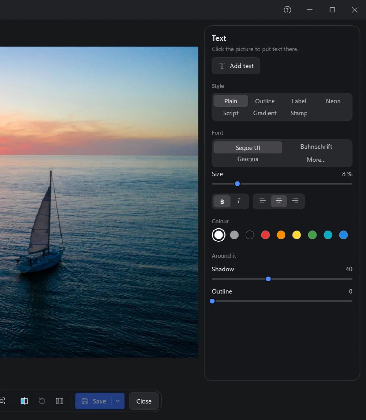 The Text panel: style, font, size, bold, italic, lines, colour, around it