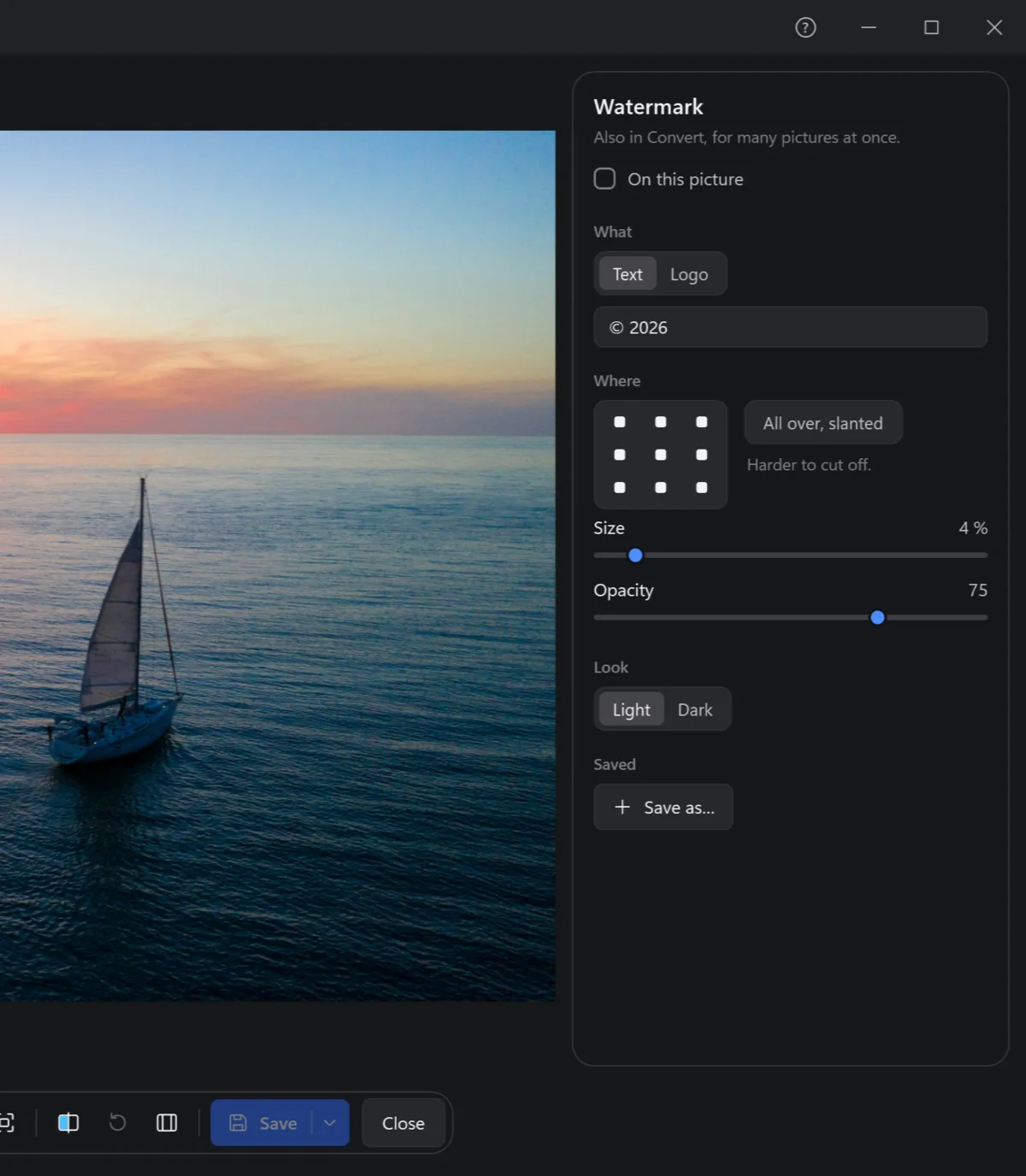 The Watermark panel: text or logo, where, size, opacity, look, saved watermarks