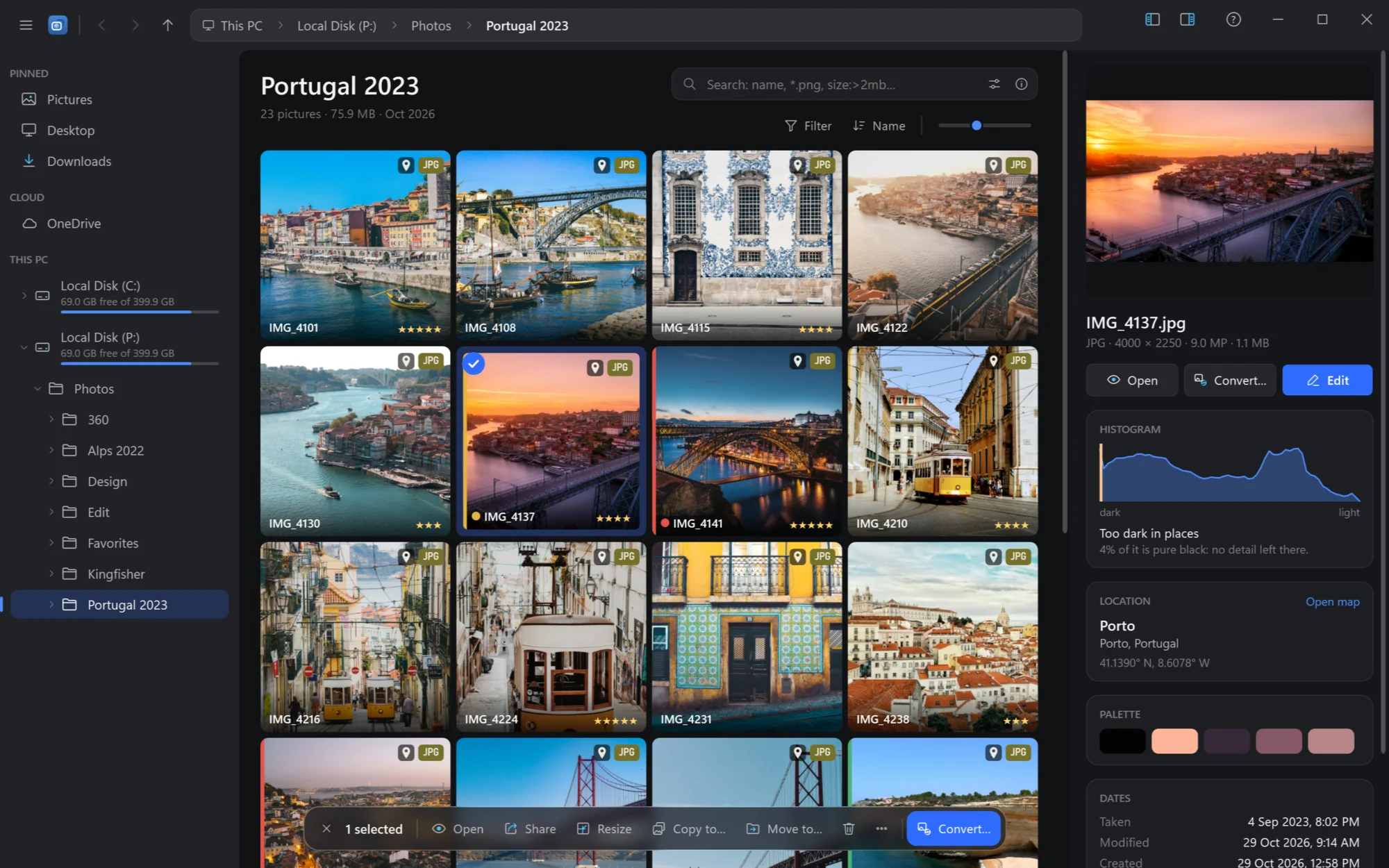 The manager with a folder of travel photos, one photo chosen and its details on the right
