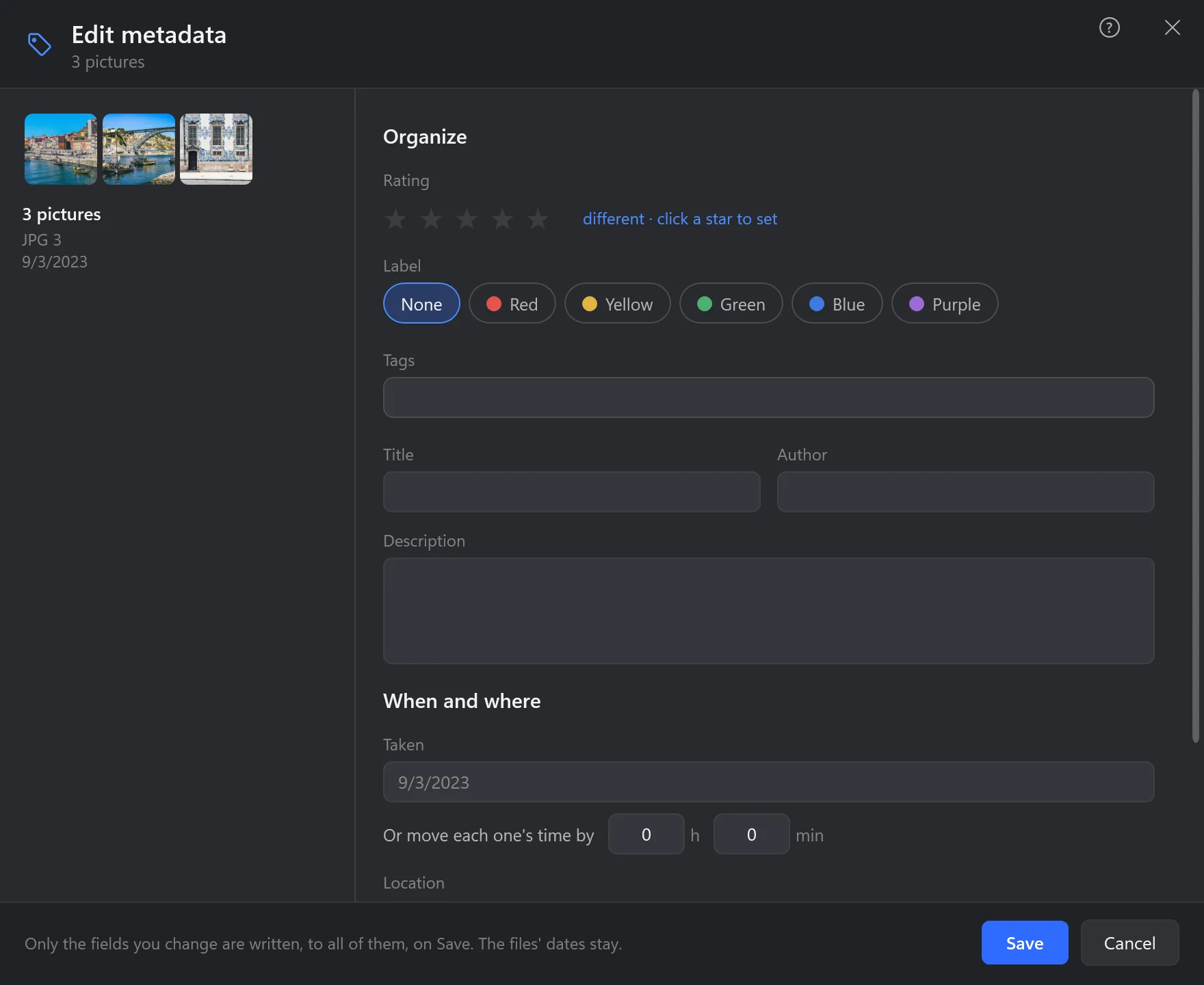 Edit metadata for three photos: rating, label, tags, title, author, description, date taken