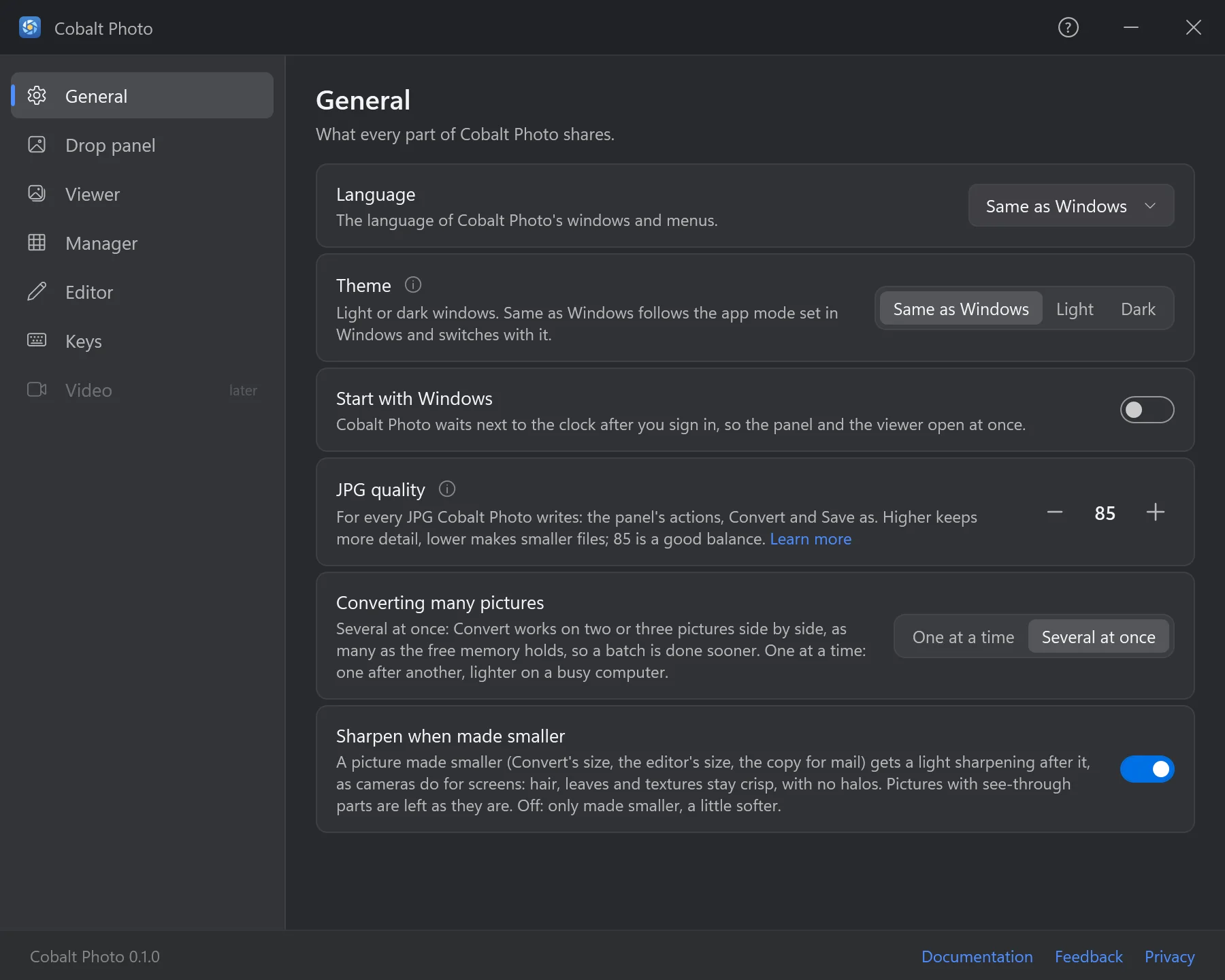 Settings, the General page: language, theme, start with Windows, JPG quality, converting many pictures, sharpening