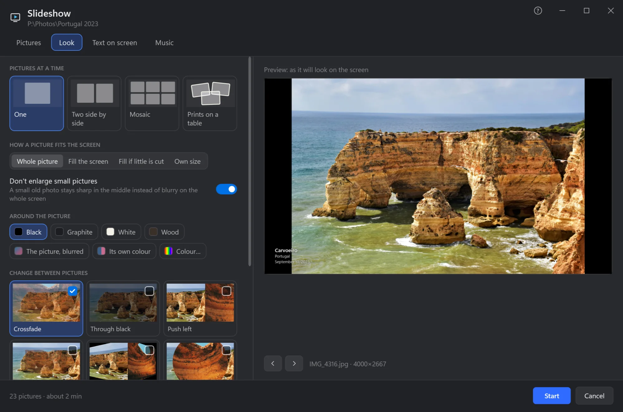 The Look tab: pictures at a time, how a picture fits, around it, change between pictures