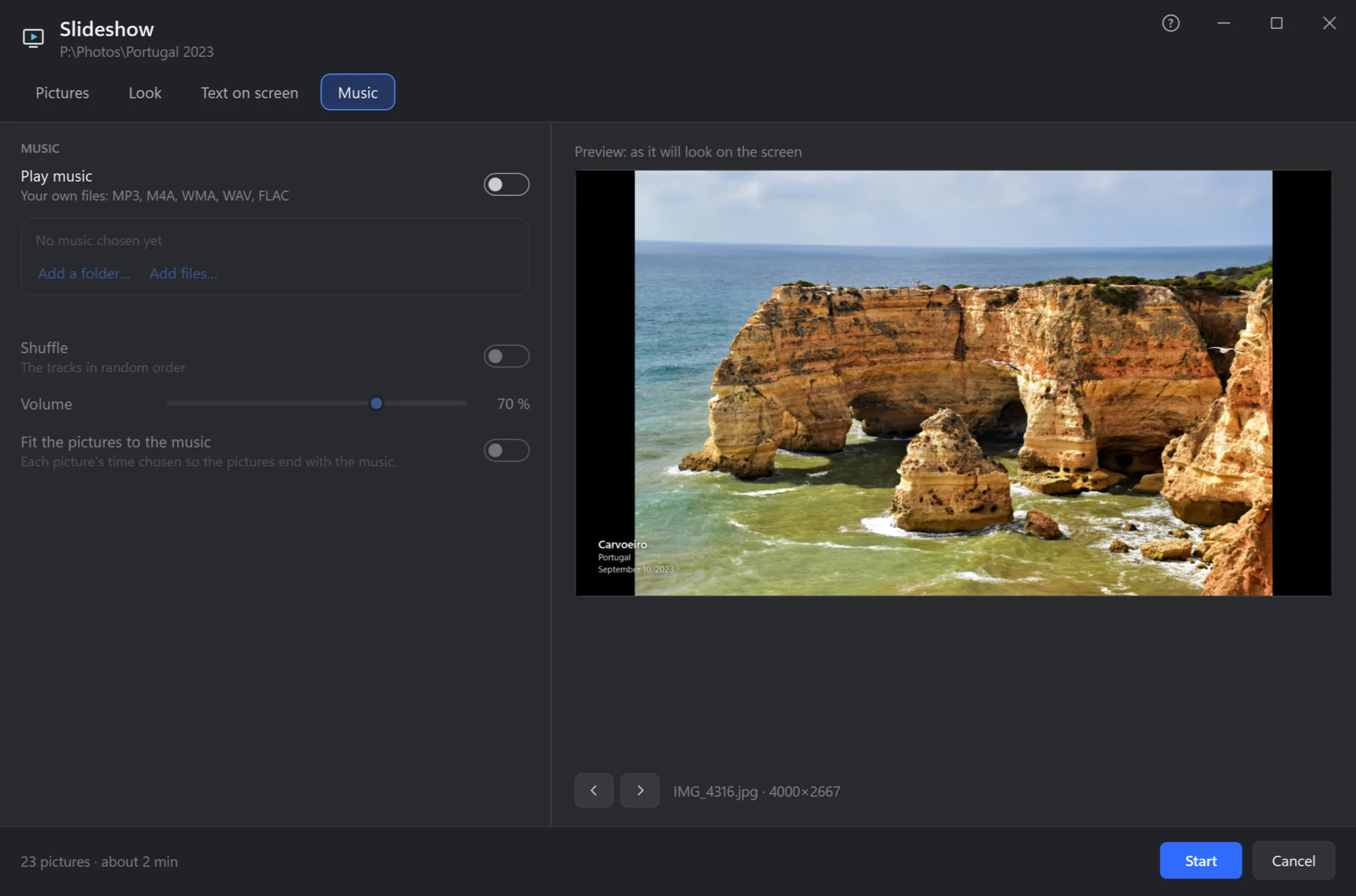 The Music tab: play music, your own files, shuffle, volume, fit the pictures to the music