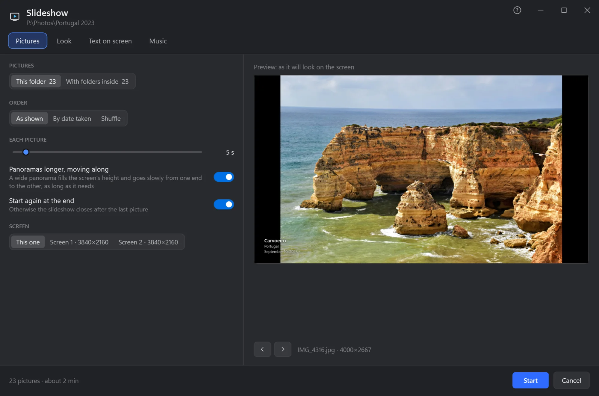 The slideshow's Pictures tab: which pictures, the order, seconds each, panoramas, repeat, the screen; the preview on the right
