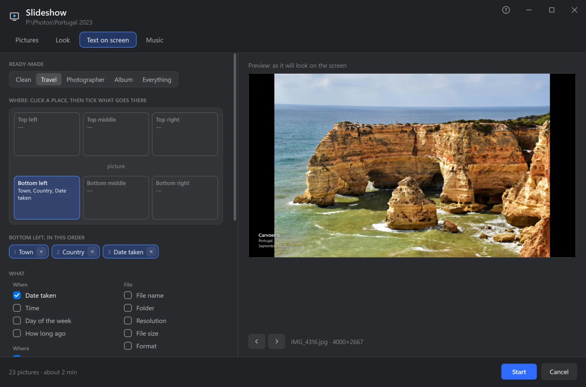 The Text on screen tab: ready-made sets, six places round the picture, what goes in each